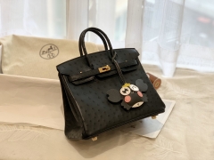 爱马仕女包 新到现货 Birkin 25 ostrich 89黑色 金扣